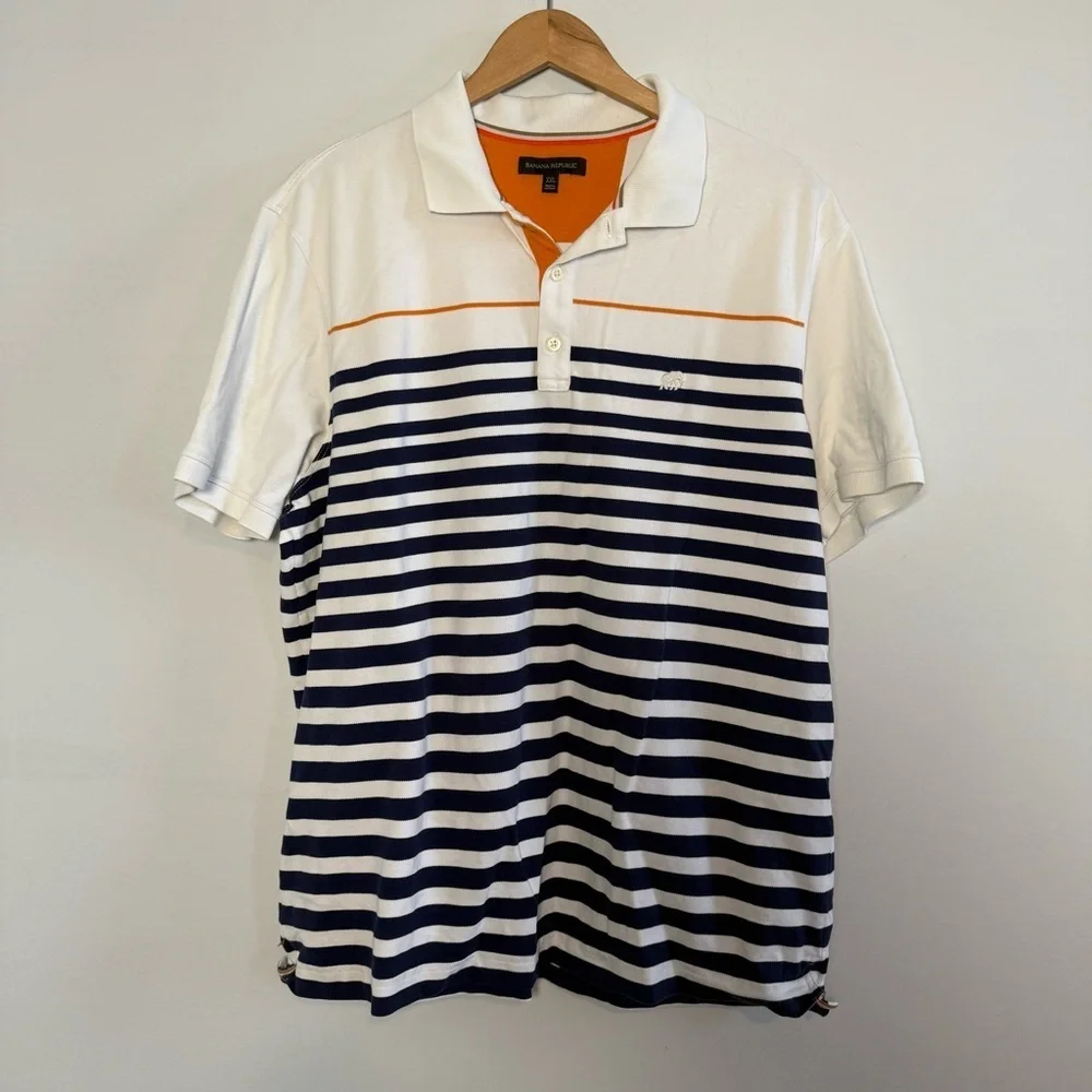 Banana Republic Navy and Orange Striped Cotton Polo Shirt, Size XXL
